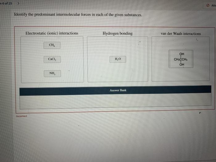 Identify the predominant intermolecular forces in each of these substances